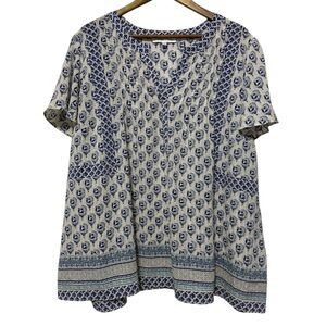 Rose + Olive Boho Peasant Tunic Blouse Women’s Plus Size 3X V-Neck Floral Blue